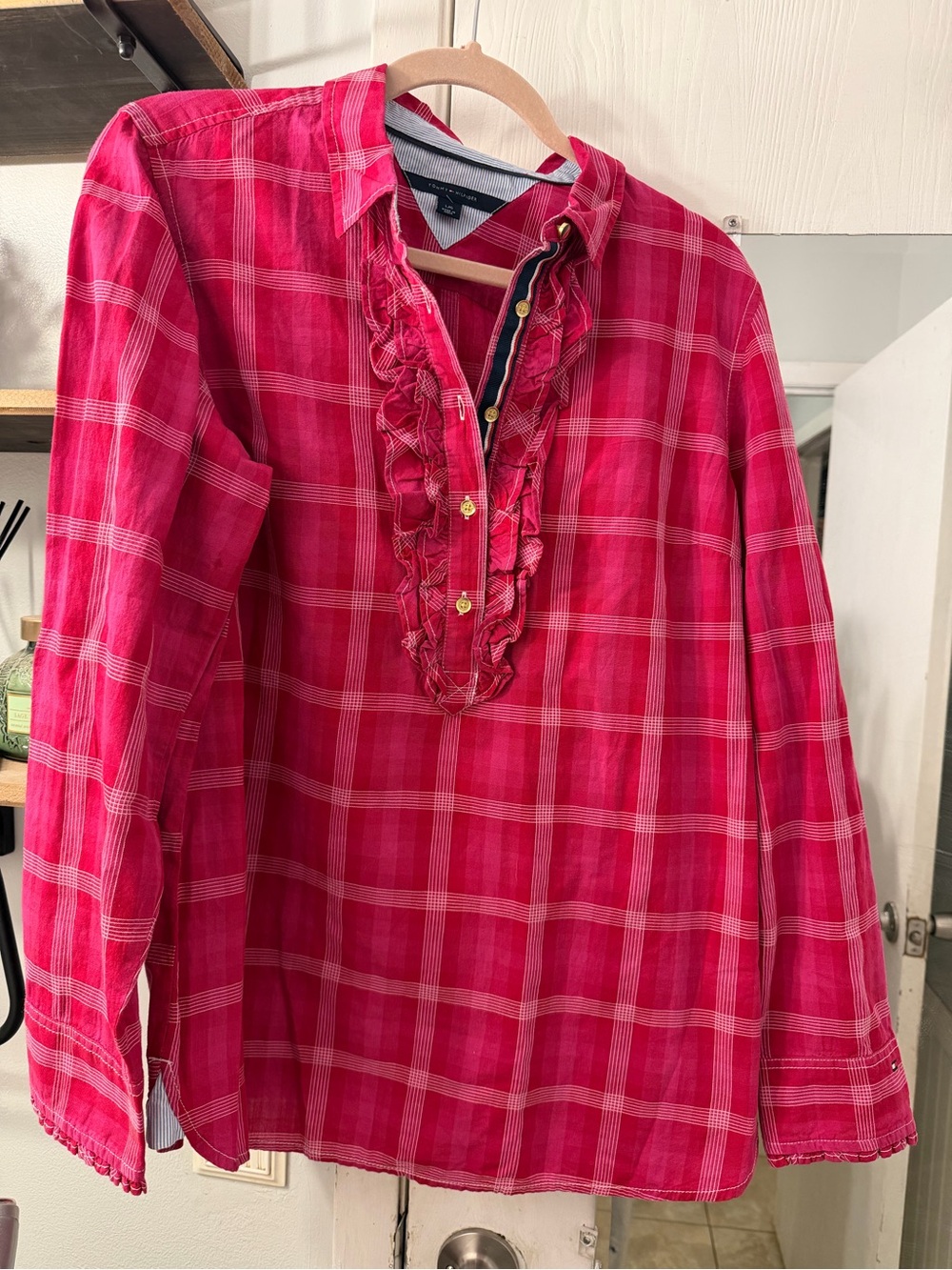 Tommy Hilfiger Hot Pink Plaid Ruffle-Trim Blouse